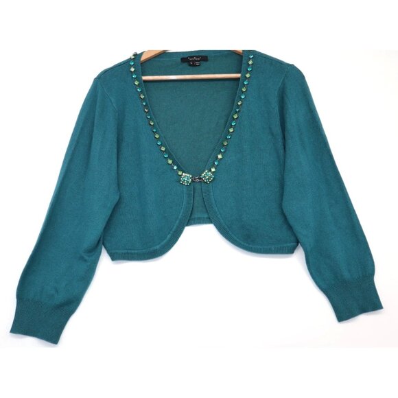 Eci New York Teal Beaded Chain Bling Embellished Crop Cardigan Large - Picture 1 of 9
